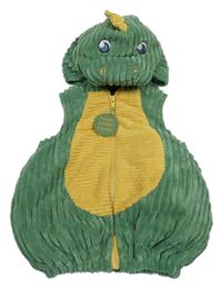 Kockovaným - Tmavozeleno/žlutá rebrovaná plyšová zateplená vesta s kapucí - dinosaurus