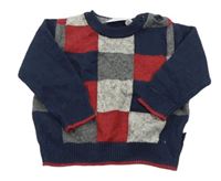 Tmavomodro-červeno-sivý kockovaný sveter