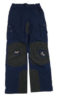 Tmavomodro-tmavošedé outdoorové kalhoty s kapsami a koněm TrollKids