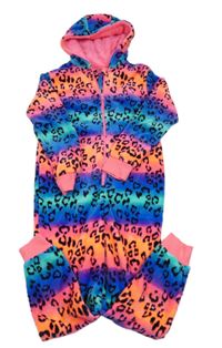 Barevná chlupatá kombinéza s leopardím vzorem a kapucí St. Bernard