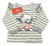 Nové - Šedo-bílé pruhované triko se slonem a volánky PatPat