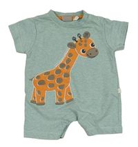 Zelený melírovaný teplákový kraťasový overal s žirafou
