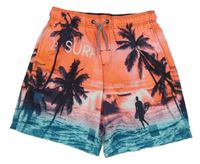 Neónově oranžovo-modré plážové kraťasy s palmami a surferom C&A