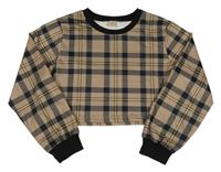 Hnedo-čierno-žltá kockovaná crop mikina