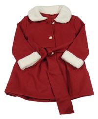 Červený flaušový kabát s huňatým límcem a páskem 