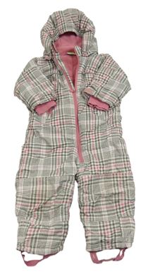 Hnědo-bílo-růžová kostkovaná šusťáková zimní kombinéza s kapucí Topomini
