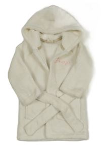 Biely plyšový župan s nápisom a kapucňou