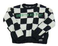 Bielo-čierny kockovaný chlpatý crop sveter s nápisom Primark