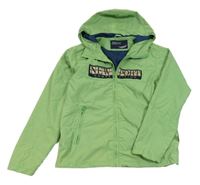 Zelená šusťáková jarní bunda s nápisem a kapucí 
