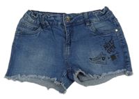 Modré riflové kraťasy s nápisem a botou Y.F.K.