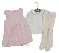 Nové - 3 set - růžové sametové šaty + bílé triko s límečkem + pudrové silonky 