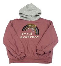Starorůžovo-šedá mikina s duhou z flitrů a kapucí H&M