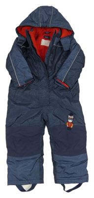 Šedomodrá pruhovaná šušťáková zimná kombinéza s chlapcem a kapucňou