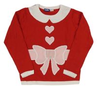 Červeno-bielo-ružový sveter s mašlou a srdiečkami Lupilu