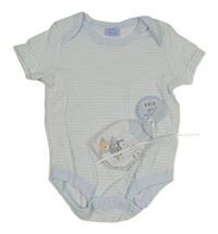 Nové - Světlemodro-bílé pruhované body + bílé rukavice s medvídky 