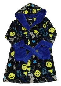 Černo-modro-žlutý plyšový župan s nápisy a smajlíky a kapucí 