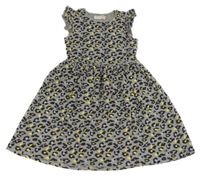 Šedo-černo-žluto-fialové šaty s leopardím vzorem a volánky 