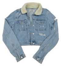 Světlemodrá crop riflová bunda s prošoupáním a huňatým límcem New Look
