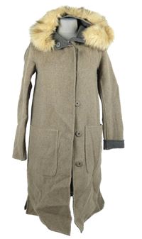 Dámský béžový flaušový kabát s kapucí s odepínacímkožíškem Suite 