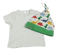 2set- biele tričko+ bielo-zelená čapica s dinosaurami