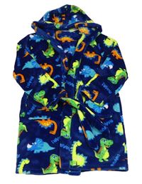 Modrý chlpatý župan s dinosaurami a kapucňou