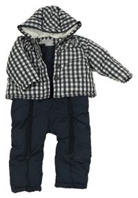 Tmavomodro-bílá kostkovaná šusťáková zimní kombinéza s kapucí Kanz