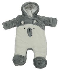 Šedo-bílá chlupatá zateplená kombinéza s medvědem a kapucí F&F