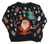 Tmavomodrý sveter so Santou a darčekmi H&M