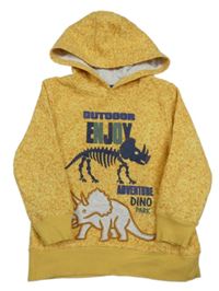 Okrová melírovaná fleecová mikina s kostrami dinosaurů a kapucí 