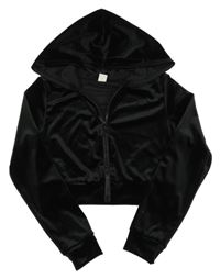 Čierna zamatová prepínaci crop mikina s kapucňou Shein