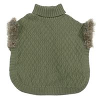 Khaki pletené pončo s kožešinou a rolákom