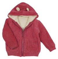 Růžový žinylkový propínací zateplený svetr s kapucí George