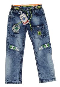 Nové - Modré rifle s nápisy a úpletovým pasem