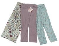 Nové - 3x legíny - pudrové fialové + bílo-barevné květované + světlemodré kvetované Tu