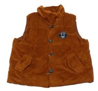 Hrdzavá plyšová zateplená vesta s nášivkou so smajlíkom