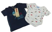 2set - Bílé body s pejsky + tmavomodré tričko s háčkem