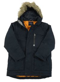 Tmavomodrý šusťákový zimní kabát s kapucí Next 