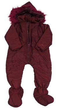 Červená šusťáková prošívaná zimní kombinéza s kapucí 