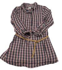 Tmavomodro-červeno-bílé kostkované šaty s páskem Orchestra