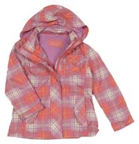 Fialo-korálovo-bílá kostkovaná šusťáková jarní bunda s odepínací kapucí 