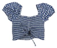 Tmavomodro-bílá kostkovaná žabičková crop halenka 