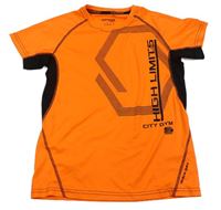 Křiklavě oranžovo-černé sportovní tričko s nápisy manguun