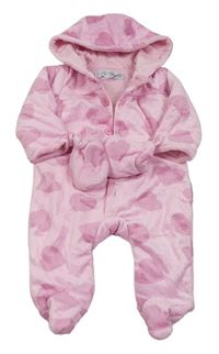 Ružová plyšová zateplená kombinéza so srdiečkami a kapucí + rukavice NURSERY TIME