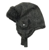 Tmavošedo-černo-hnědá kostkovaná melírovaná vlněná zateplená beranice s kožešinou Next