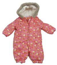 Růžová prošívaná šusťáková zimní kombinéza s kytičkami a kapucí s kožešinou Liegelind