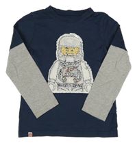 Tmavomdro-šedé triko s lego figurkou z překlápěcích flitrů LEGO