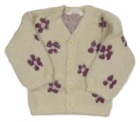 Smetanový chlupatý propínací svetr s květy PRIMARK