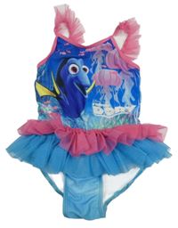 Modro-cobaltově modro-růžové jednodílné plavky s DORY a volánky miniclub