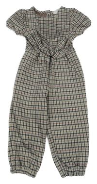 Svetlošedá -čierno-starorůžovo-hnedý kockovaný vzorovaný nohavicový overal PRIMARK