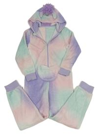 Růžovo-mátovo-lila chlpatá kombinéza s kapucí - jednorožec